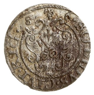szeląg 1586, Ryga, na rewersie odmiana z tarczą z łukami