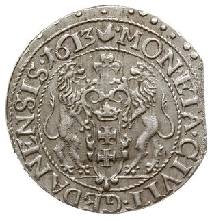 ort 1613, Gdańsk, kropka za łapą niedźwiedzia, na rewersie bez kropek po bokach krzyża, wariant z kropką  u góry pomiędzy D˚L