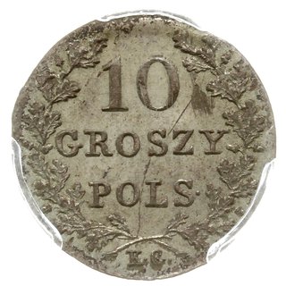 10 groszy 1831, Warszawa, odmiana z prostymi łapami Orła, na rewersie nad wiązaniem wieńca 2 małe  gałązki