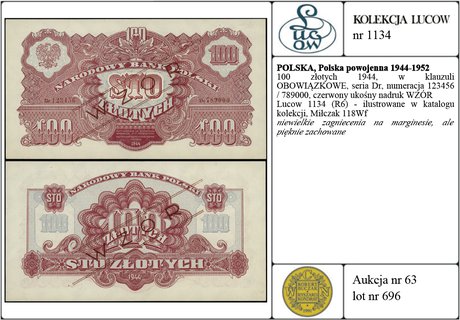 100 złotych 1944, w klauzuli OBOWIĄZKOWE, seria Dr, numeracja 123456 / 789000, czerwony ukośny nadruk WZÓR