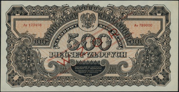 500 złotych 1944, w klauzuli OBOWIĄZKOWE, seria Az, numeracja 123456 / 789000, czerwony ukośny nadruk WZÓR