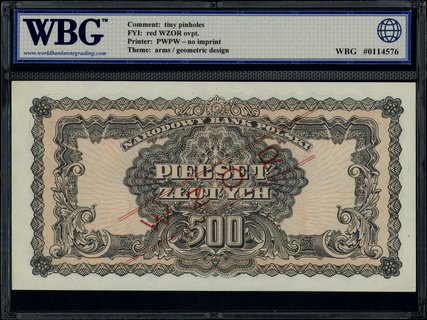 500 złotych 1944, w klauzuli OBOWIĄZKOWE, seria Az, numeracja 123456 / 789000, czerwony ukośny nadruk WZÓR