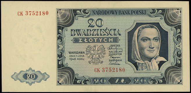 20 złotych 1.07.1948, seria CK, numeracja 3752180