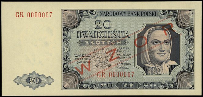 20 złotych 1.07.1948, seria Gu, numeracja 0000009, po obu stronach ukośny czerwony nadruk WZÓR