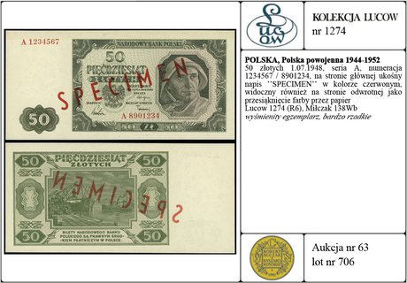 50 złotych 1.07.1948, seria A, numeracja 1234567 / 8901234, na stronie głównej ukośny napis SPECIMEN w kolorze czerwonym, widoczny również na stronie odwrotnej jako przesiąknięcie farby przez papier