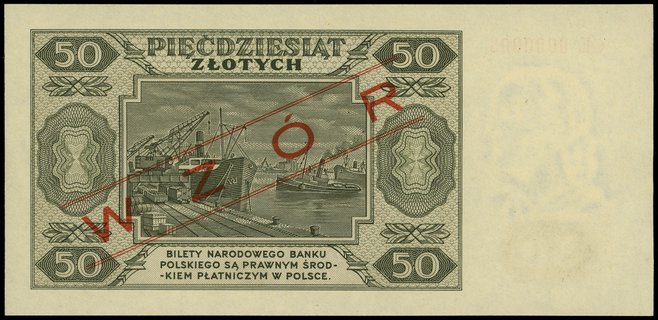 50 złotych 1.07.1948, seria CE, numeracja 0000003, po obu stronach ukośny czerwony nadruk WZÓR