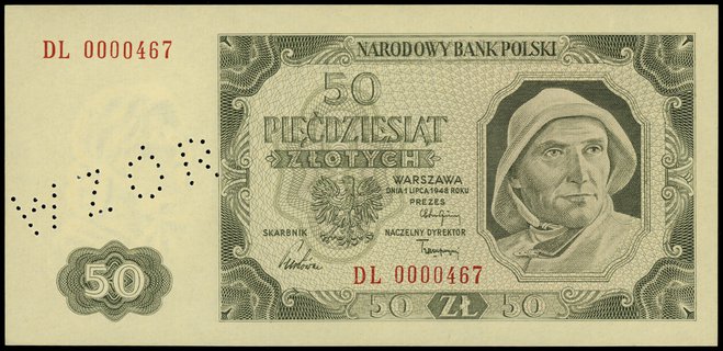 50 złotych 1.07.1948, seria DL 0000467, bez nadruku, perforowany napis WZÓR