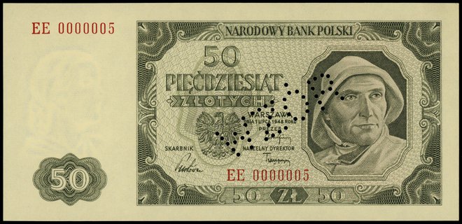 50 złotych 1.07.1948, seria EE 0000005, bez nadruku, perforowany napis WZÓR