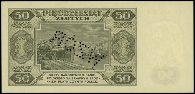 50 złotych 1.07.1948, seria EE 0000005, bez nadruku, perforowany napis WZÓR