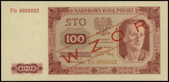 100 złotych 1.07.1948, seria FG, numeracja 0000002, obustronnie czerwony ukośny nadruk WZÓR