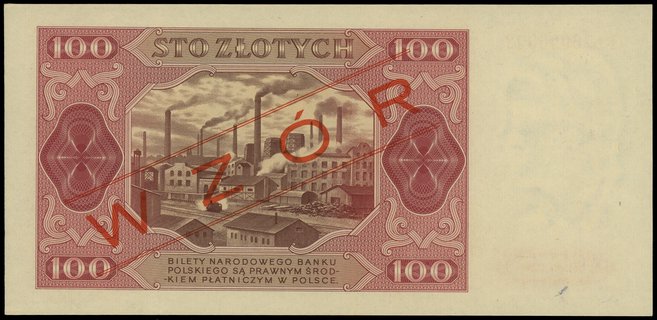 100 złotych 1.07.1948, seria FG, numeracja 0000002, obustronnie czerwony ukośny nadruk WZÓR