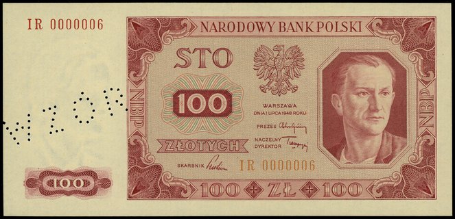 100 złotych 1.07.1948, seria IR, numeracja 0000006, perforowany napis WZÓR