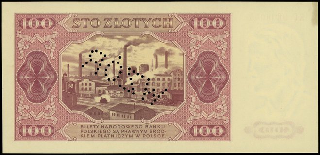 100 złotych 1.07.1948, seria KF, numeracja 0000005, perforowany napis WZÓR