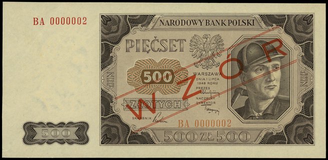 500 złotych 1.07.1948, seria BA, numeracja 0000002, po obu stronach ukośny czerwony nadruk WZÓR