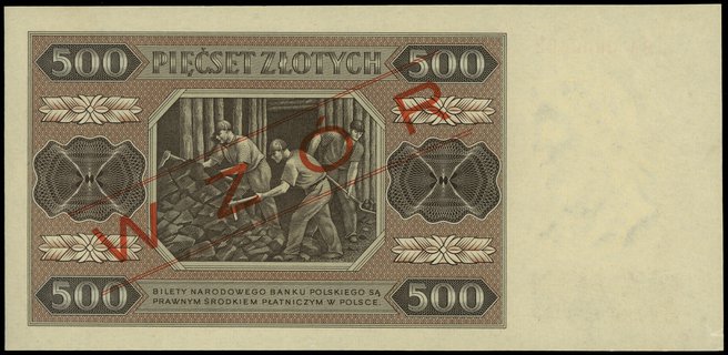 500 złotych 1.07.1948, seria BA, numeracja 0000002, po obu stronach ukośny czerwony nadruk WZÓR