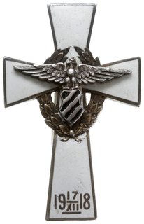 oficerska odznaka pamiątkowa 86 Pułku Piechoty - Mołodeczno, dwuczęściowa, Sawicki/Wielechowski s. 136, odznaka wykonana z cienkiej srebrnej blachy 47 x 30 mm, biała emalia lekko uszkodzona, nietypowa nakładka mocowana na dwóch drutach lekko poprawiana, na stronie odwrotnej numer 30