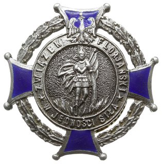 odznaka strażacka Związku Florjańskiego, jednoczęściowa, srebro 30 x 30 mm, emalia niebieska, na stronie odwrotnej dwie punce
