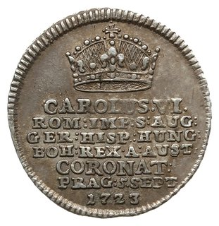 srebrna odbitka dukata z 1723 roku wybita z okacji koronacji Karola na króla Czech