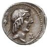 denar, 90 p.n.e., Rzym; Aw: Popiersie Apollina w prawo, z lewej znak menniczy, z prawej X; Rw: Jeź..