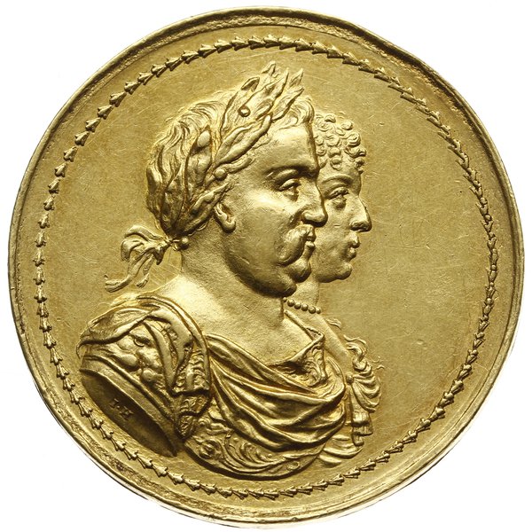 medal autorstwa Jana Höhna jun. wybity z okazji koronacji Jana III i małżonki w 1676 r., Aw: Popiersia zwrócone w prawo, na ramieniu sygn. I.H., Rw: Palma z koroną królewską na tle Krakowa, u góry napis CRESCANT CUM PALMIS NOMINA, u dołu w kartuszu CORONATI 2 FEB 1676, złoto 52.06 g, 47 mm, H-Cz. 5941 (R4), Racz. 207, piękny i rzadki medal, bardzo ładnie zachowany