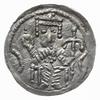 denar z lat 1157-1166; Aw: Cesarz siedzący na tronie na wprost, trzymający lilię w dłoni po prawej..