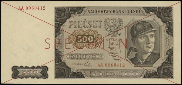 500 złotych 1.07.1948, seria AA 0960412, czerwone dwukrotne przekreślenie i poziomo SPECIMEN”