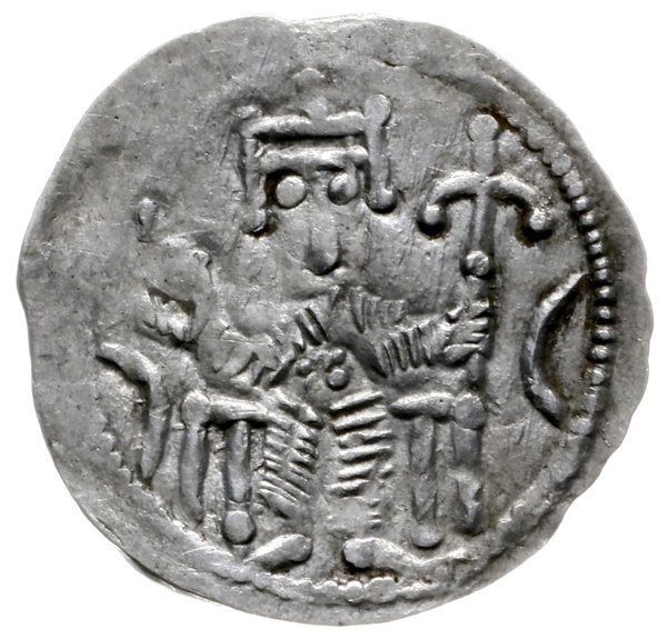 denar z lat 1157-1166; Aw: Cesarz siedzący na tr