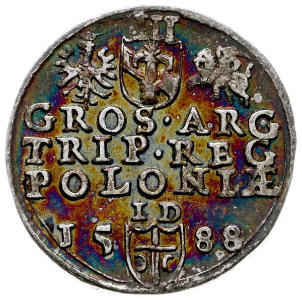 trojak 1588, Olkusz; duża głowa króla, na rewers