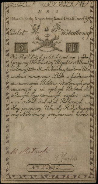 5 złotych polskich 8.06.1794, seria NB2, numeracja 2992