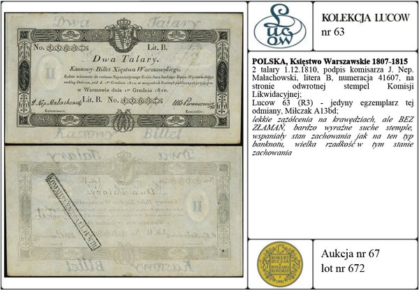 2 talary 1.12.1810, podpis komisarza J. Nep. Małachowski, litera B, numeracja 41607, na stronie odwrotnej stempel Komisji Likwidacyjnej