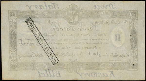 2 talary 1.12.1810, podpis komisarza J. Nep. Małachowski, litera B, numeracja 41607, na stronie odwrotnej stempel Komisji Likwidacyjnej
