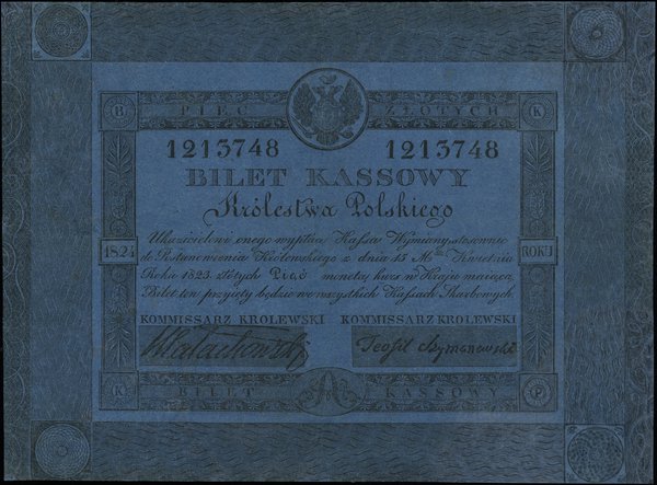 5 złotych 1824, podpisy: Małachowski i Teofil Szymanowski, numeracja 1213748