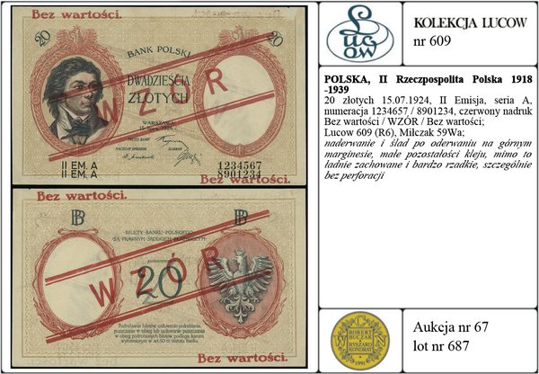 20 złotych 15.07.1924, II Emisja, seria A, numeracja 1234657 / 8901234, czerwony nadruk Bez wartości / WZÓR / Bez wartości