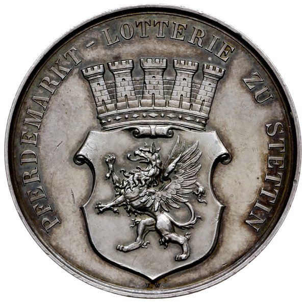 medal z 2. połowy XIX wieku autorstwa E. Weiganda (aw.) i F. W. Kullricha (rw.), wybity z okazji loterii targu końskiego w Szczecinie