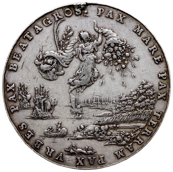 odbitka w srebrze 10 dukatówki - portugała z 1653 r., autorstwa Sebastiana Dadlera, wybita na zlecenie rady miasta Hamburga w piątą rocznicę pokoju westfalskiego