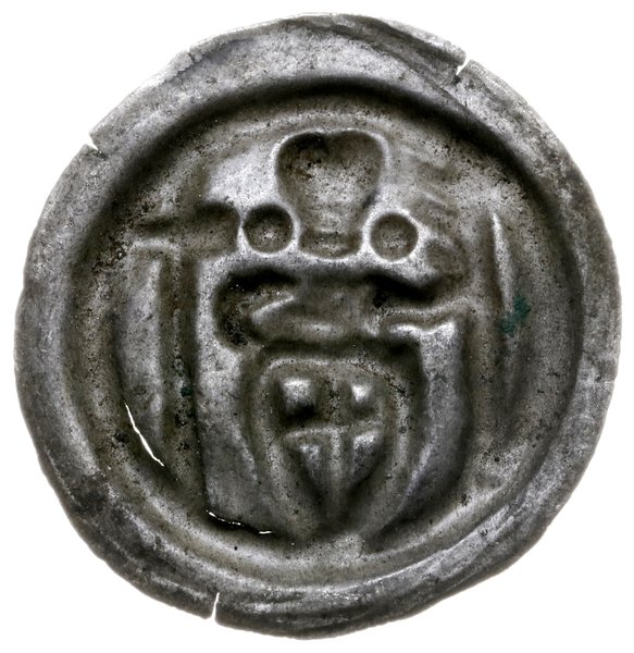 brakteat ok. 1247-1258; Rycerz z tarczą, krzyżem