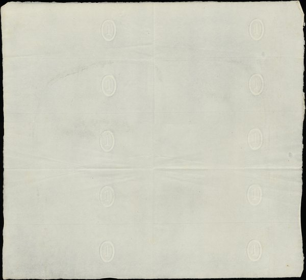 arkusz papieru do druku banknotów 1 złoty z 1863 roku, ze znakami wodnymi 1 w elipsie,  format 450x410 mm