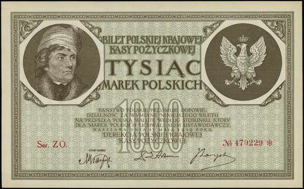 1.000 marek polskich 17.05.1919, znak wodny “orły i litery B-P”, seria ZO, numeracja 470229