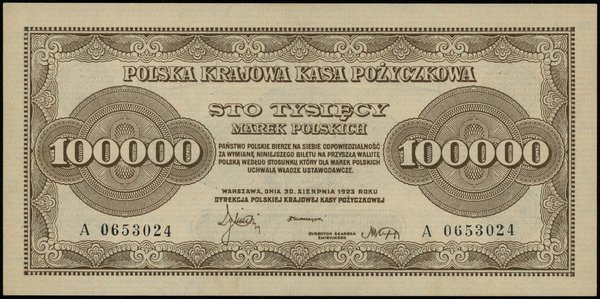 100.000 marek polskich 30.08.1923, seria A, numeracja 0653024