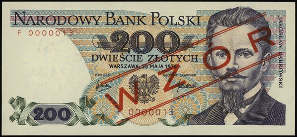 200 złotych 25.05.1976, seria F, numeracja 0000013, obustronny czerwony ukośny nadruk  WZÓR / SPECIMEN