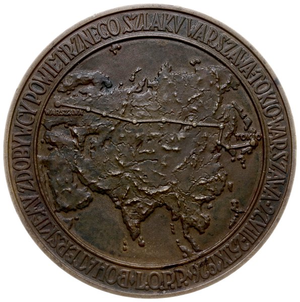 medal z 1926 r. autorstwa Józefa Aumillera poświęcony Bolesławowi Orlińskiemu - pionierowi lotniczemu  na trasie Warszawa-Tokio