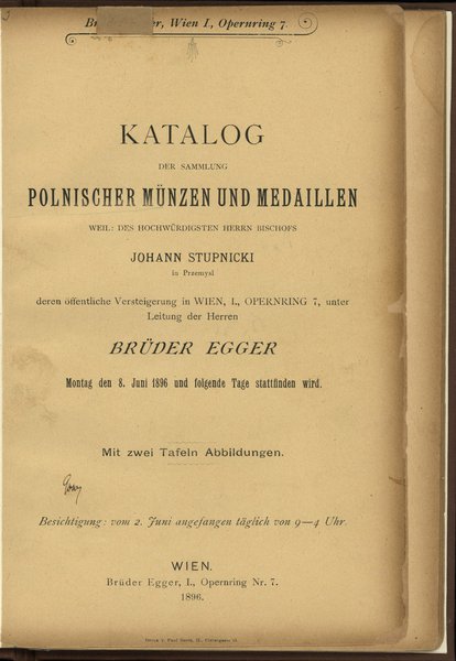 Brüder Egger - Katalog der Sammlung Polnischer Münzen und Medaillen des Hochwürdigsten Herrn Bischofs Johann Stupnicki in Przemysl