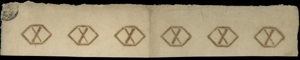 fragment papieru ze znakiem zabezpieczającym do druku 6 banknotów 10 groszy miedziane 13.08.1794, 6 egzemplarzy w poziomie nierozciętych