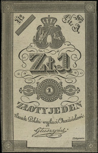 próbny druk 1 złoty 1831, litera A, bez numeracji, podpis Głuszyński, gruby kremowy karton bez znaku wodnego i suchego stempla