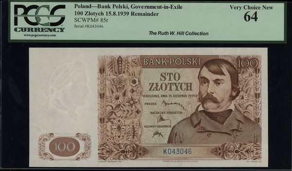 100 złotych 15.08.1939, seria K, numeracja 043046