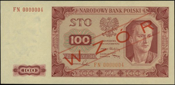 100 złotych 1.07.1948, seria FN, numeracja 0000003, obustronny czerwony ukośny nadruk “WZÓR”