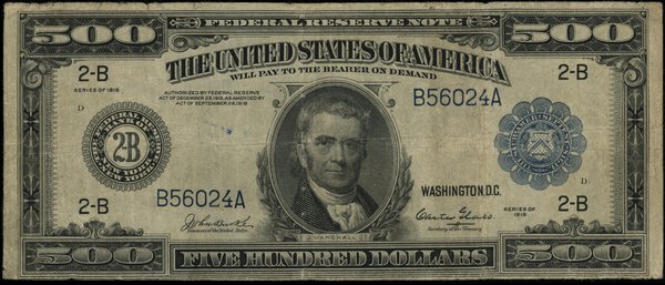 500 dolarów 1918, New York, seria 2-B, numeracja B56024A, blue Seal, podpisy Burke i Glass
