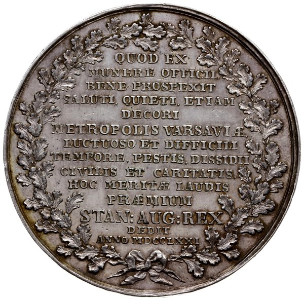 Stanisław Lubomirski - marszałek wielki koronny, medal autorstwa J. F. Holzhaeussera, około 1771 r, Aw: Półpostać z laską marszałkowską w lewo i napis w otoku STANIS. LUBOMIRSKI SUPR REG POL MARESCH S R I P, Rw: W wieńcu dębowym napis w czternastu wierszach i data MDCCLXXI, srebro 59 mm, 97.87 g, H-Cz. 3941 (R2), Racz. 555, Więcek 28, delikatna patyna, medal z 54 aukcji WCN