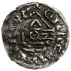 denar 985-995, mincerz Hrothi; Krzyż z dwiema kulkami i kółkiem w kątach / Dach kaplicy, pod nim R..