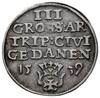 trojak 1539, Gdańsk; popiersie króla w czepcu i koronie, końcówka napisu PRVS, bez ozdobników przy..